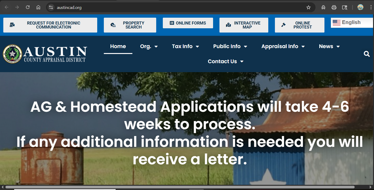 Austin County CAD official website screenshot showing property search online forms interactive map and online protest buttons