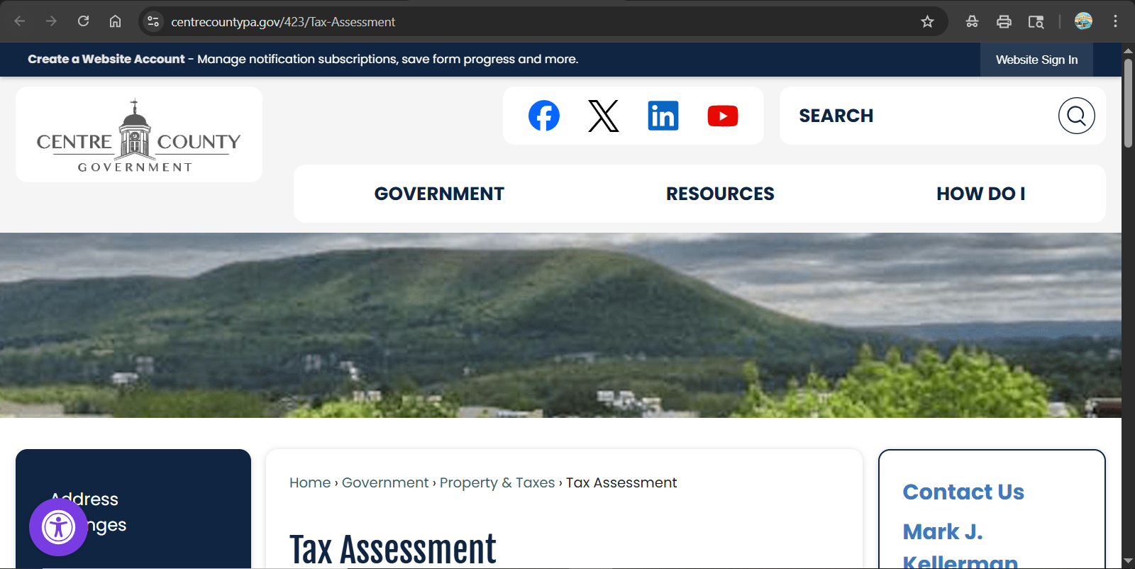 Centre County Tax Assessment official website screenshot for property records and DataScout access